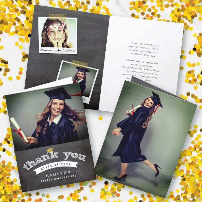 Retro Chalkboard Sketch Photo Graduation Cap Grad Thank You Card (Retro Black Chalkboard Sketch Photo Graduation Cap Grad Thank You Card @ zazzle.com/color_therapy)