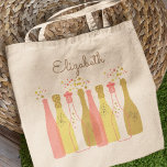 Retro Champagne Bottles Personalised Retro 1960s  Tote Bag<br><div class="desc">These cute champagne bottles conjure up the spirit of the 1950s and '60s -- the Atomic Age, the Space Age. This pink and gold lighthearted bag would be great for a wine lover, BFF, bridesmaid, aunt, niece, or anyone else you love and with whom you share good times. Personalise these...</div>