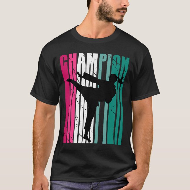 Retro Champion Of Karate Silhouette Colourful Teal T-Shirt (Front)