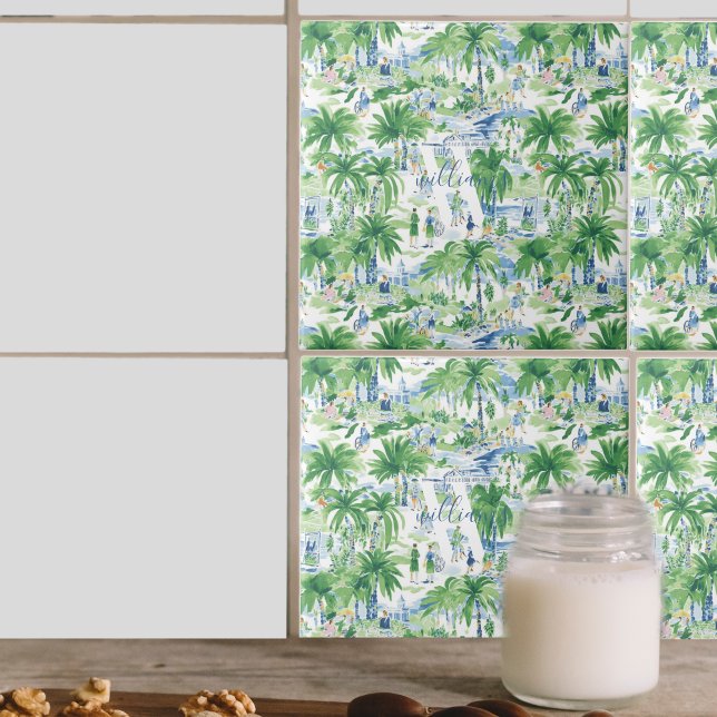 Retro Charleston Summer Pattern | Monogram Ceramic Tile (Creator Uploaded)
