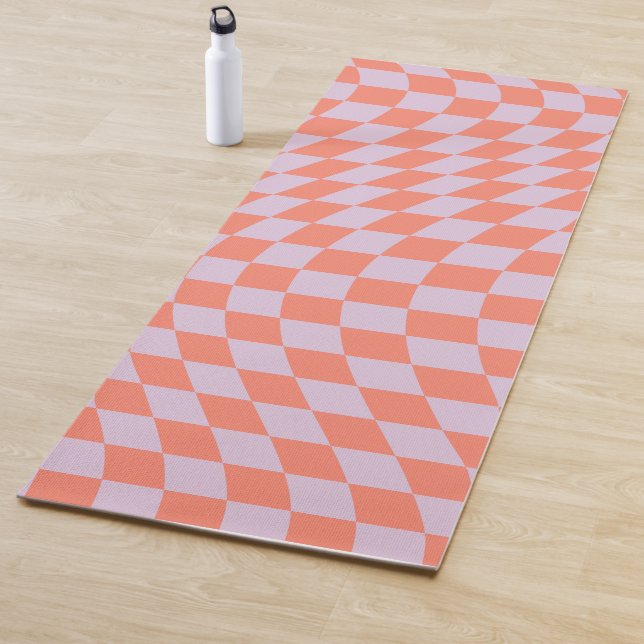 Retro Check Pattern Lilac And Orange Chequerboard Yoga Mat (In Situ)