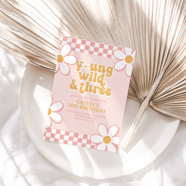 Retro Check Young Wild Three Pink Daisy Invitation (Creator Uploaded)