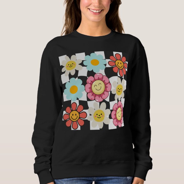 Retro Checked  Daisy Flower  Sweatshirt (Front)