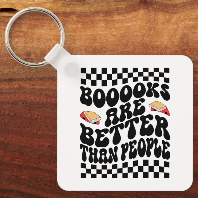 Retro Checkerboard "Books Are Better" Graphic Key Ring (Front)
