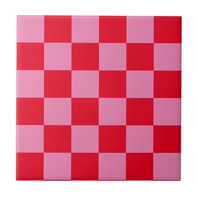 Retro Checkerboard Checkered Pattern Pink Orange Ceramic Tile (Front)