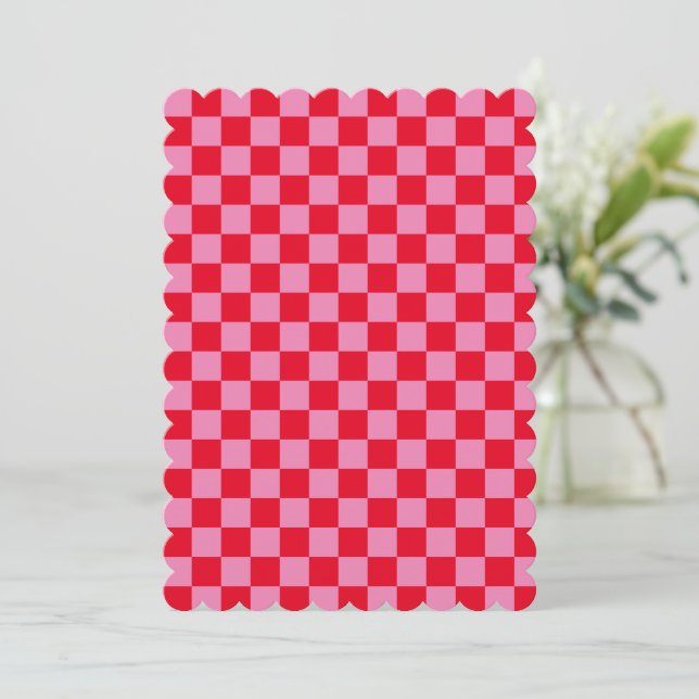 Retro Checkerboard Checkered Pattern Pink Orange Invitation (Standing Front)