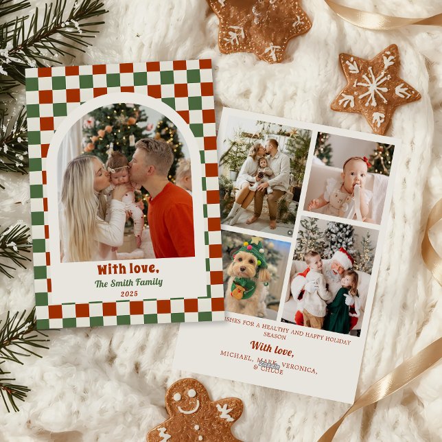 Retro Checkerboard Family Photo Arch Christmas Holiday Card (Creator Uploaded)