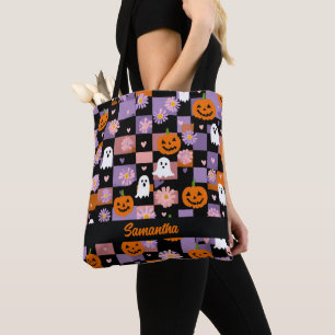 Retro Checkerboard Halloween Ghosts and Pumpkins Tote Bag