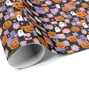 Retro Checkerboard Halloween Ghosts and Pumpkins Wrapping Paper