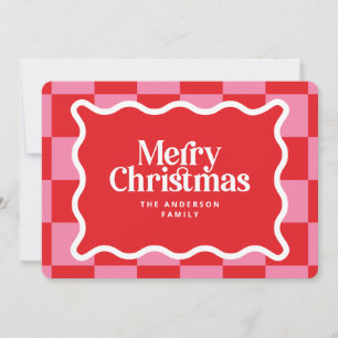 Retro Checkerboard Pink Red Merry Christmas Family Holiday Card