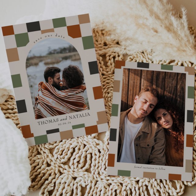 Retro Checkered, Arch Photo Save the Date Invitation (Creator Uploaded)