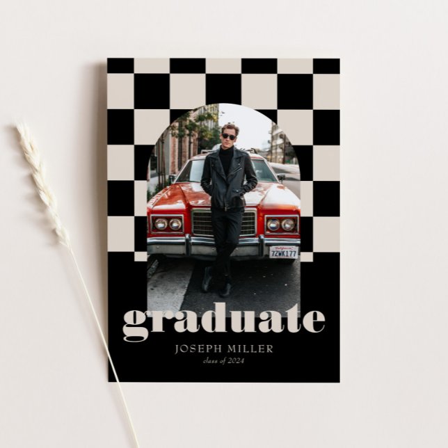 Retro Checkered Arch Timeless Photo Graduation Invitation (Creator Uploaded)
