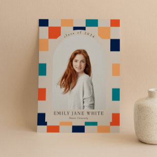 Retro Checkered Arch Timeless Photo Graduation Invitation