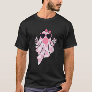 Retro Checkered Cute Pink Ghost Blowing Bubble Gum T-Shirt