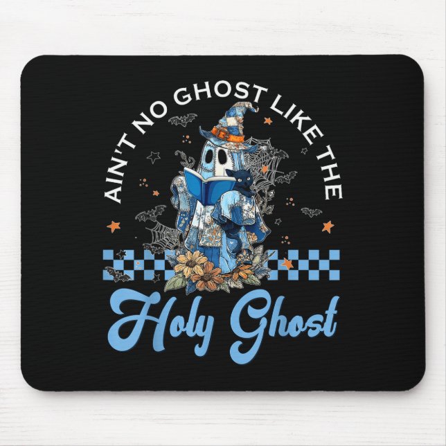 Retro Checkered Floral Denim Ghost Black Cat Witch Mouse Pad (Front)