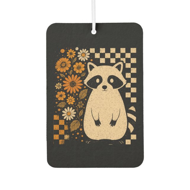 Retro Checkered Halloween Raccoon Car Air Freshener (Front)