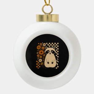 Retro Checkered Halloween Raccoon Ceramic Ball Christmas Ornament
