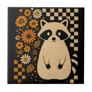 Retro Checkered Halloween Raccoon Ceramic Tile