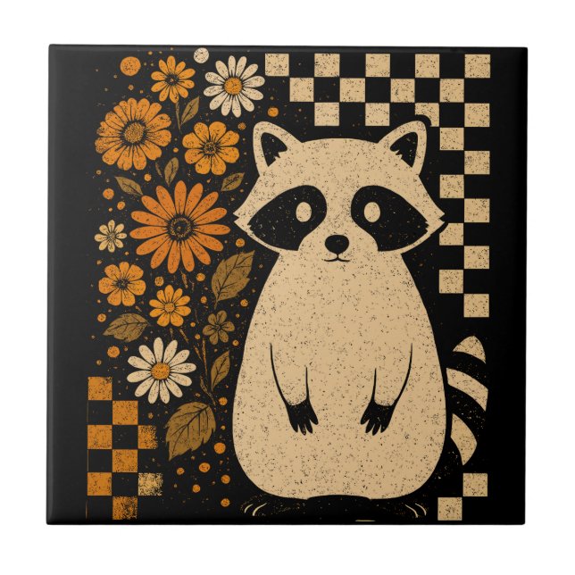 Retro Checkered Halloween Raccoon Ceramic Tile (Front)