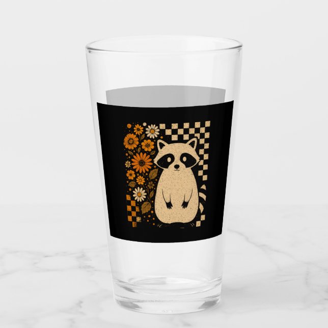 Retro Checkered Halloween Raccoon Glass (Front)