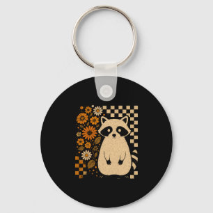 Retro Checkered Halloween Raccoon Key Ring
