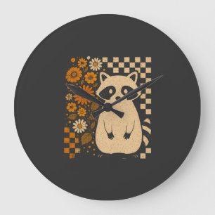 Retro Checkered Halloween Raccoon Large Clock