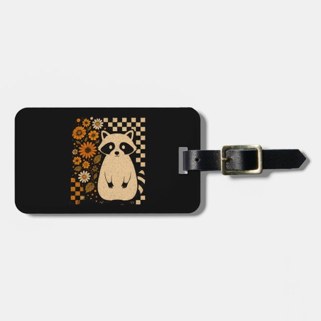 Retro Checkered Halloween Raccoon Luggage Tag (Front Horizontal)