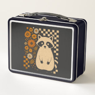 Retro Checkered Halloween Raccoon Metal Lunch Box