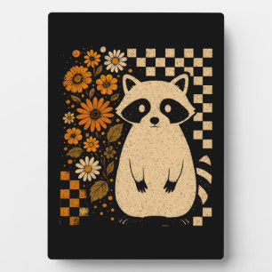 Retro Checkered Halloween Raccoon Plaque