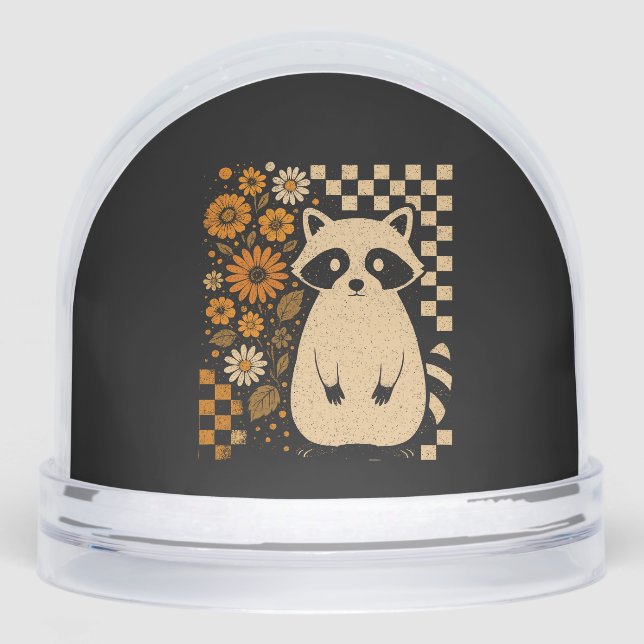 Retro Checkered Halloween Raccoon Snowglobe (Front)