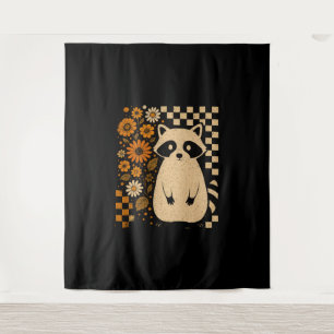 Retro Checkered Halloween Raccoon Tapestry