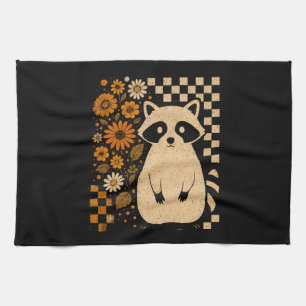 Retro Checkered Halloween Raccoon Tea Towel