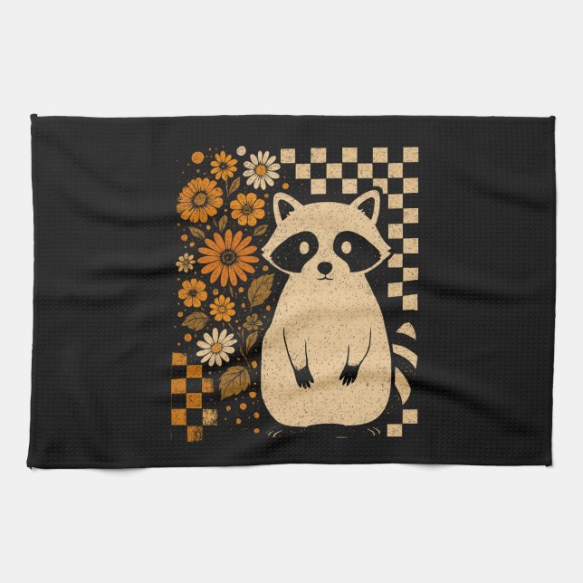 Retro Checkered Halloween Raccoon Tea Towel (Horizontal)