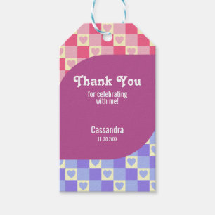 Retro Checkered Heart Bauhaus Purple Blue Birthday Gift Tags