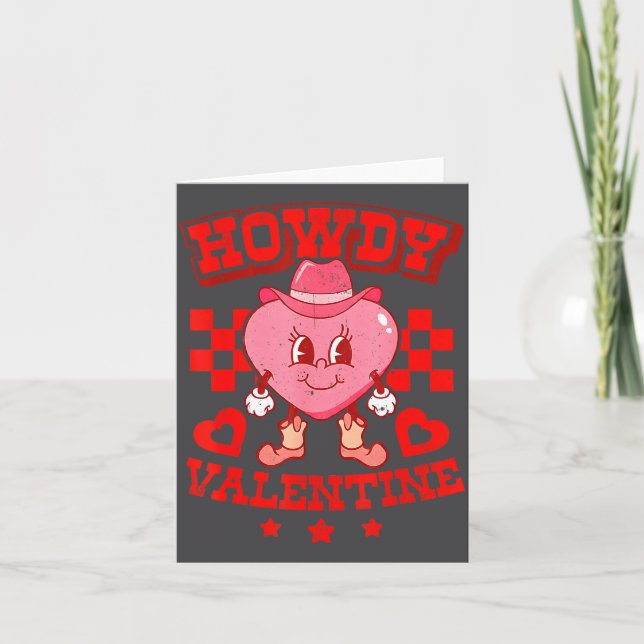 Retro Checkered Howdy Western Valentines Day Cowbo Card (Front)
