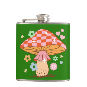 Retro Checkered Mushroom Disco Ball Hippie Hip Flask