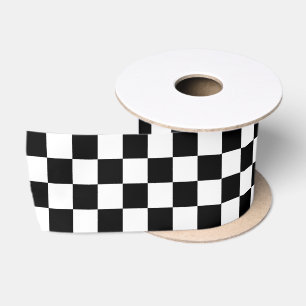 Retro Checkered Pattern Plaid black and white Satin Ribbon