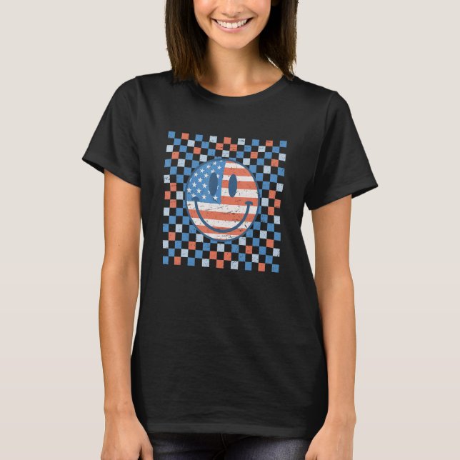 Retro Checkered Pattern Smile Face American Flag M T-Shirt (Front)