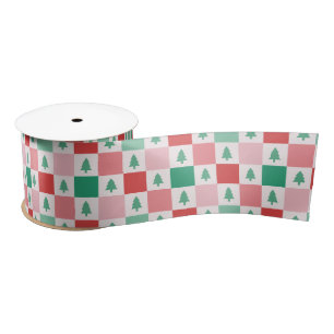 Retro Checkers Christmas Pattern - Red Pink Green Satin Ribbon