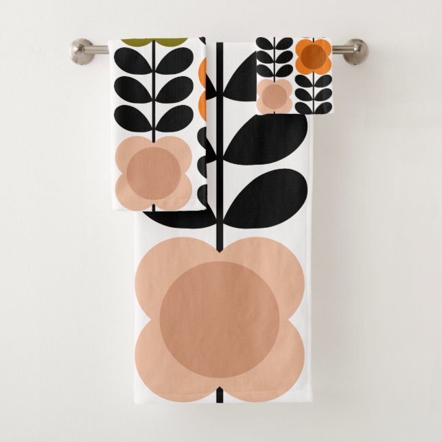 Retro Cheerful Spot Flowers Stem, Tomato Pink Bath Towel Set (Insitu)