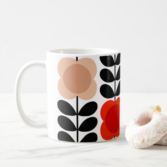 Retro Cheerful Spot Flowers Stem, Tomato Pink Coffee Mug (With Donut)
