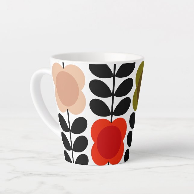 Retro Cheerful Spot Flowers Stem, Tomato Pink Latte Mug (Left Angle)