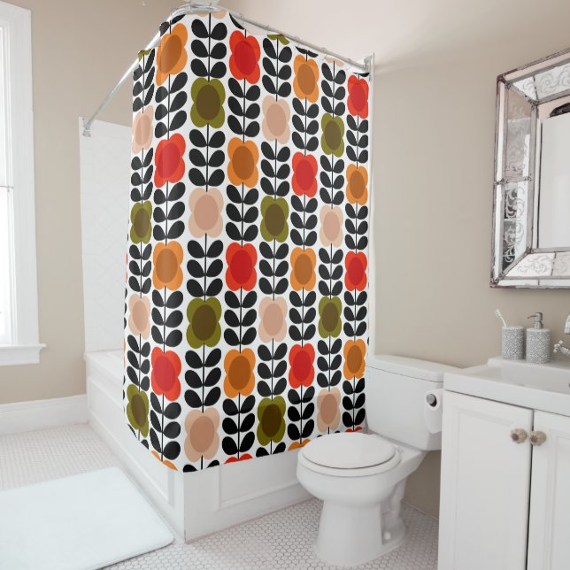 Retro Cheerful Spot Flowers Stem, Tomato Pink Shower Curtain (In Situ)
