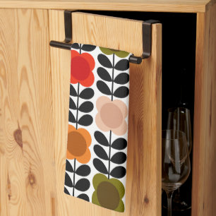 Retro Cheerful Spot Flowers Stem, Tomato Pink Tea Towel