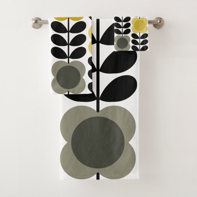 Retro Cheerful Spot Flowers Stem, Yellow Grey Bath Towel Set (Insitu)