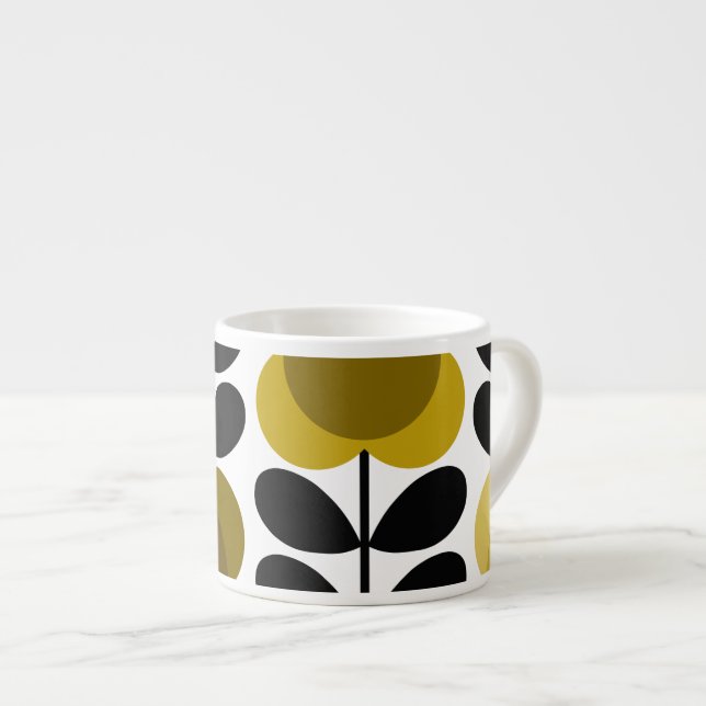 Retro Cheerful Spot Flowers Stem, Yellow Grey Espresso Cup (Front Right)