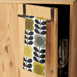 Retro Cheerful Spot Flowers Stem, Yellow Grey Tea Towel