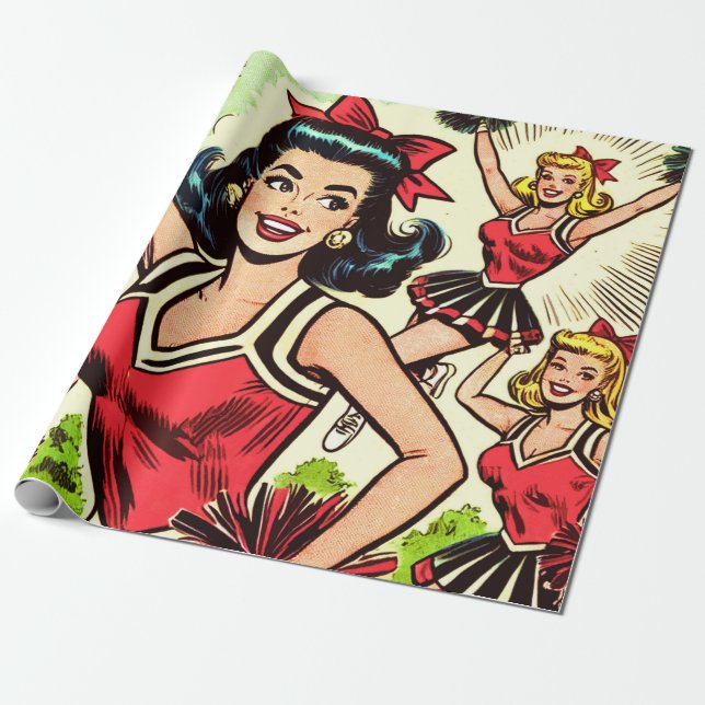 Retro Cheerleader Comics Wrapping Paper (Unrolled)