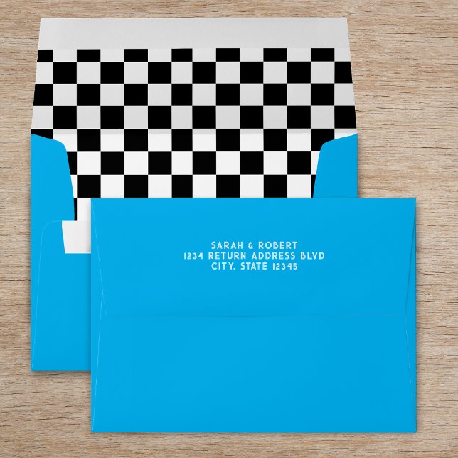 Retro Chequerboard Blue Black &White Wedding Envelope (Retro Checkerboard Blue Black & White Wedding Envelope)
