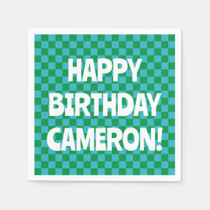 Retro Chequerboard Blue Green Custom Birthday Name Napkin